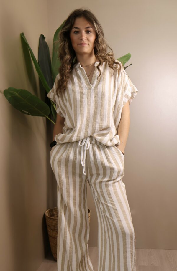 PANTALON RAYÉ COTON BEIGE – Image 2