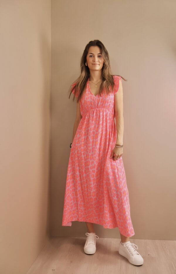 ROBE LONGUE COL V LEOPARD FLUO